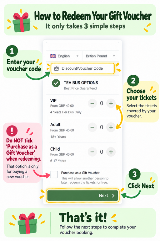 How to redeem a Belfast Tea Bus gift voucher using your voucher code during online booking
